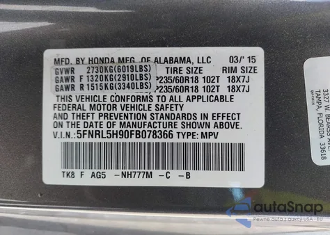 2015 Honda Odyssey Touring/Touring Elite from USA, damaged, VIN 5FNRL5H90FB078366